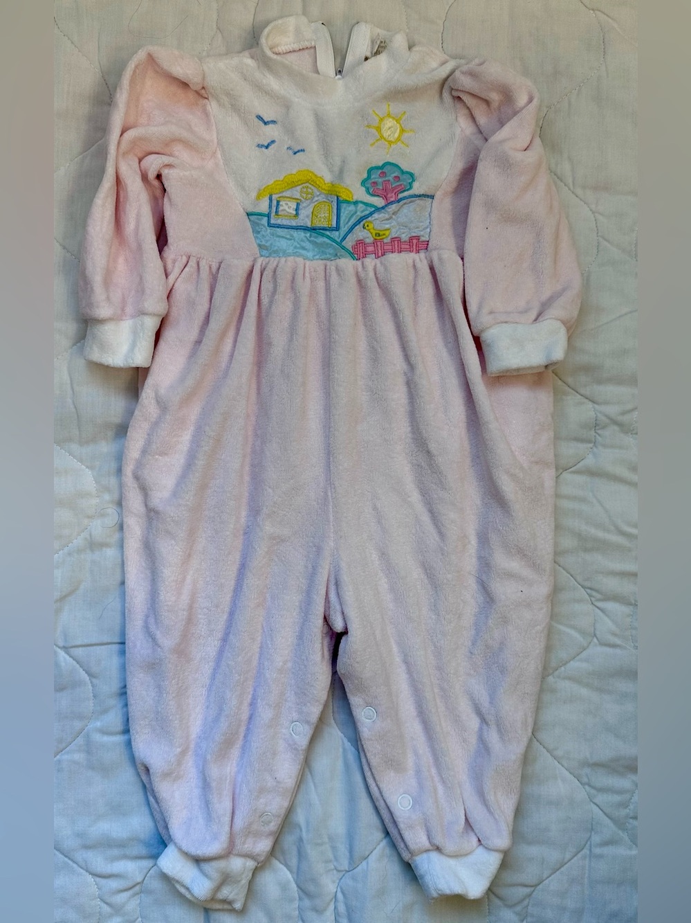 Vintage Pink Plush Baby Romper with Sunny House Embroidery
